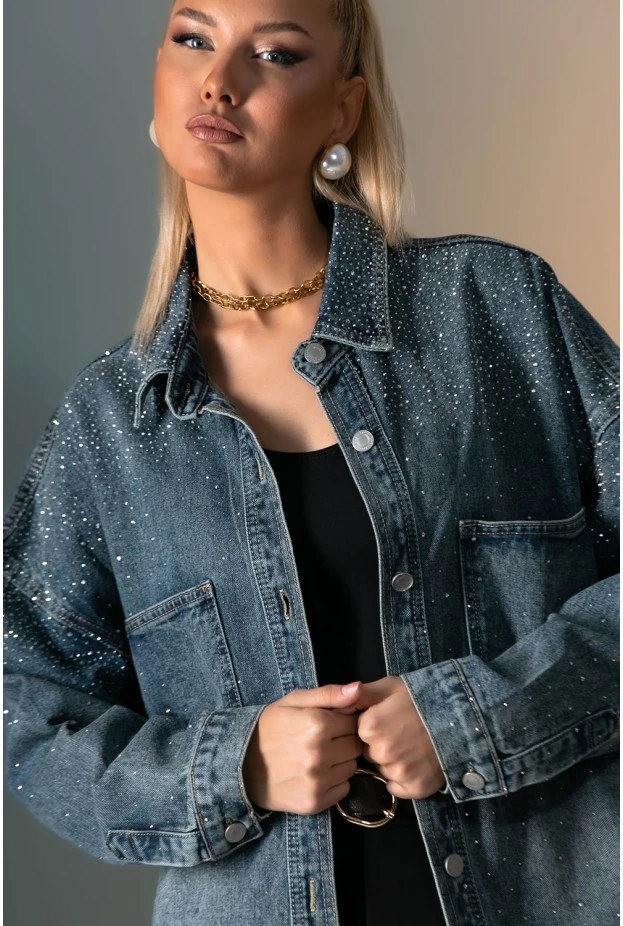 Jean jacket με μεγάλες τσέπες και στρας μπλε