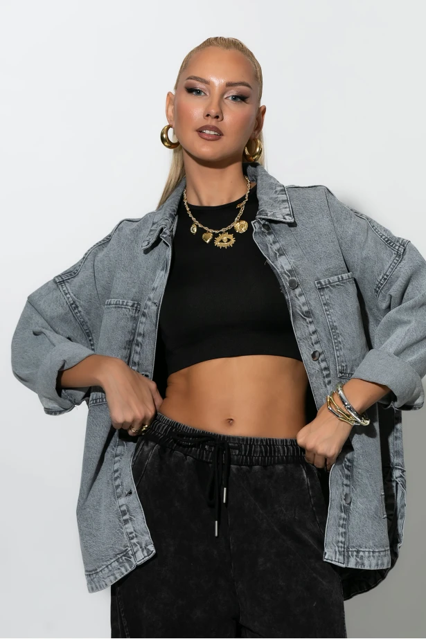 Jean jacket με patch chic γκρι