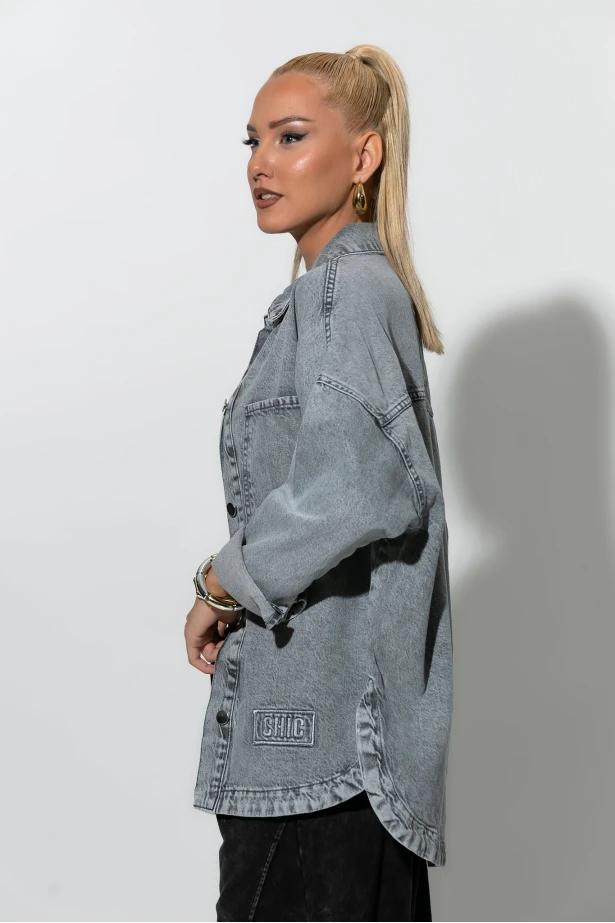 Jean jacket με patch chic γκρι