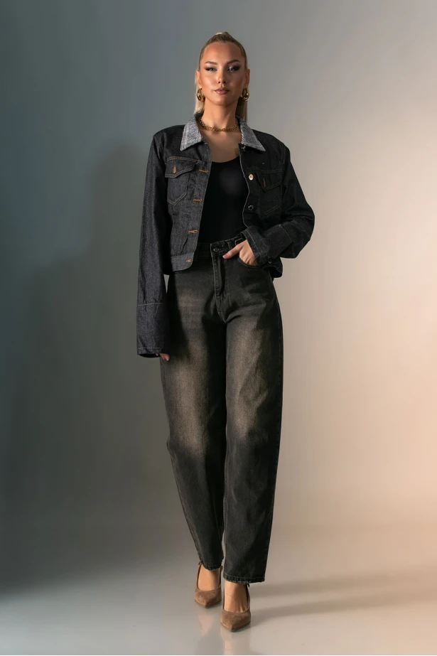 Jean jacket με καρό γιακά μαύρο