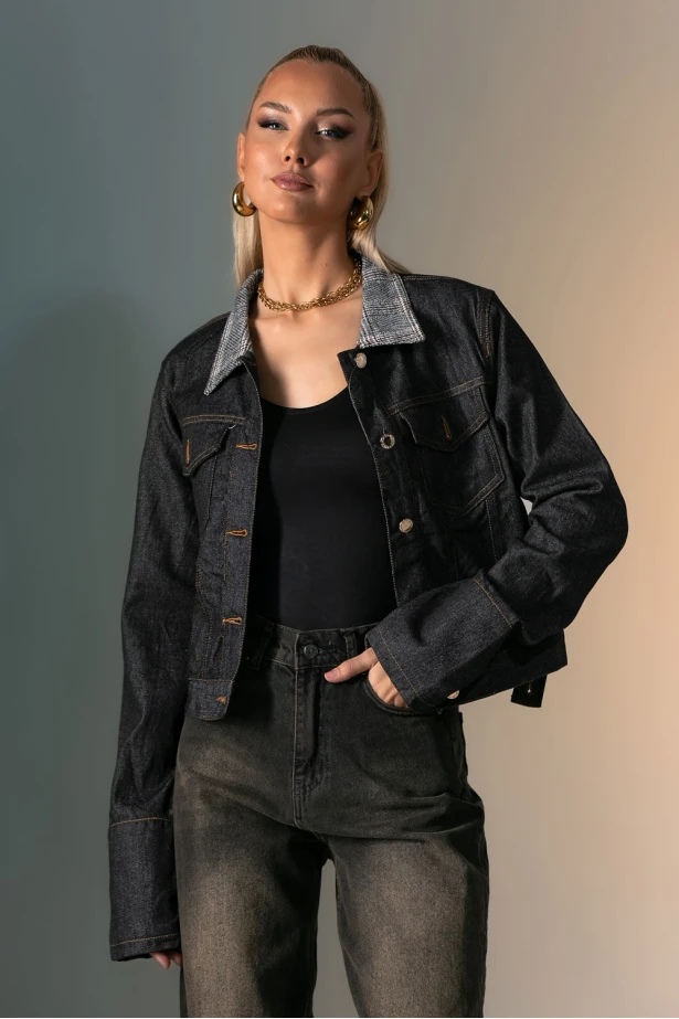 Jean jacket με καρό γιακά μαύρο
