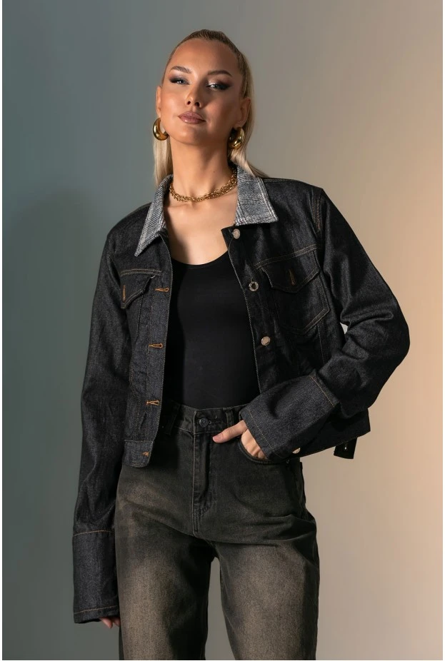 Jean jacket με καρό γιακά μαύρο