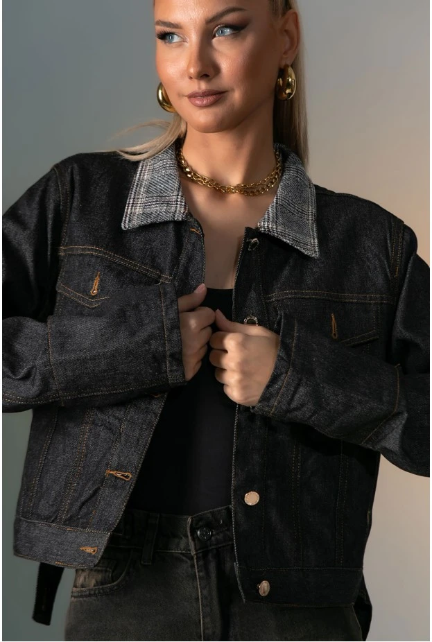 Jean jacket με καρό γιακά μαύρο