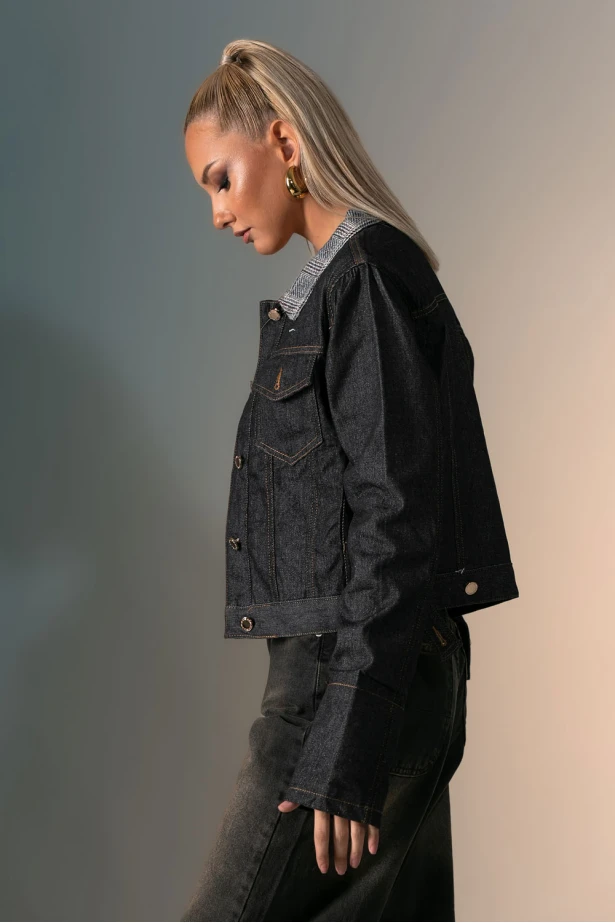 Jean jacket με καρό γιακά μαύρο