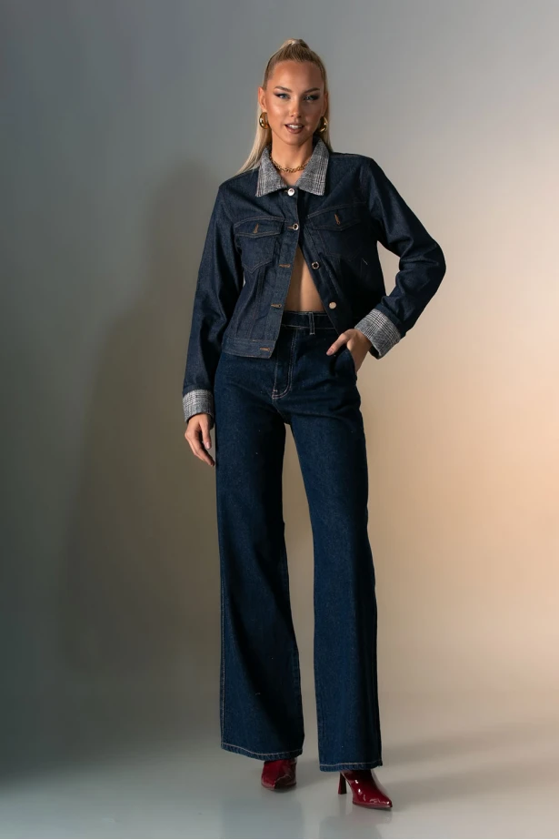 Jean jacket με καρό γιακά μπλε