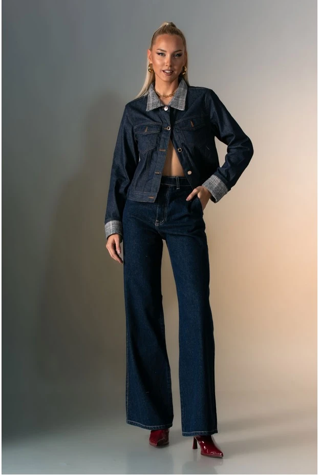 Jean jacket με καρό γιακά μπλε