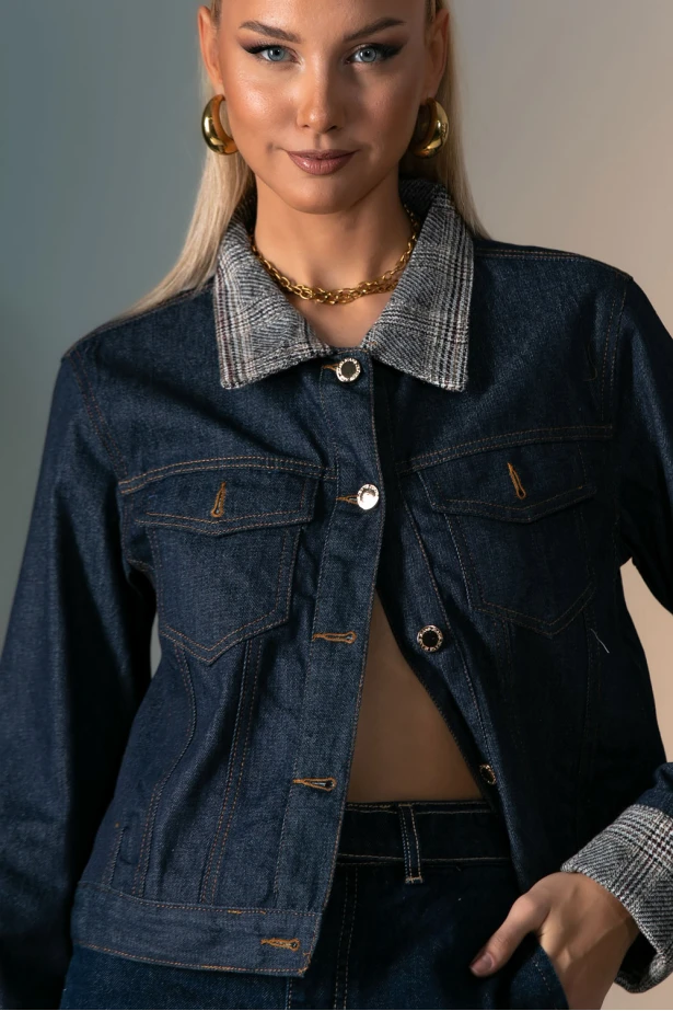 Jean jacket με καρό γιακά μπλε