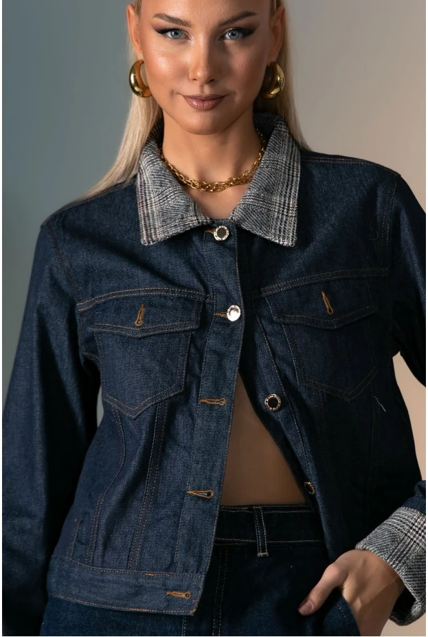 Jean jacket με καρό γιακά μπλε