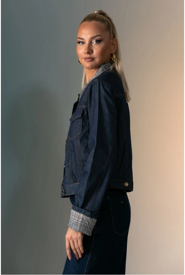Jean jacket με καρό γιακά μπλε