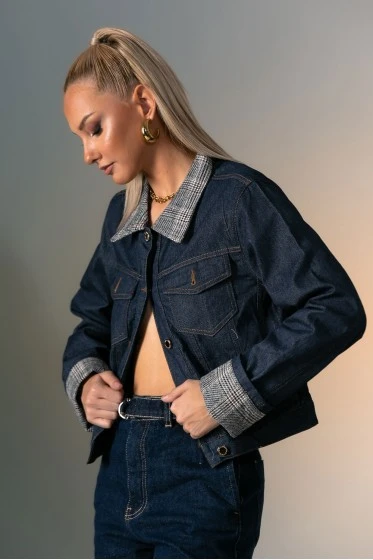 Jean jacket με καρό γιακά μαύρο