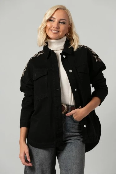 Jean jacket oversized με boho κεντήματα μαύρο