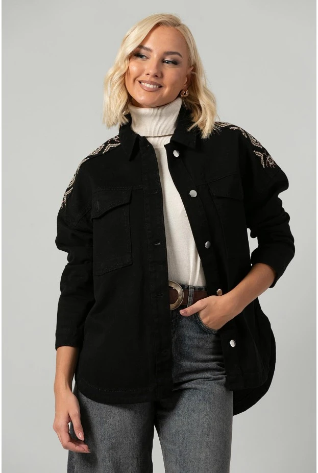 Jean jacket oversized με boho κεντήματα μαύρο