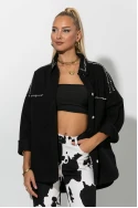 Jean oversized jacket με τρουκς και στρας λεπτομέρειες μαύρο 