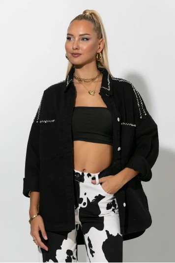 Jean oversized jacket με τρουκς και στρας λεπτομέρειες μαύρο 