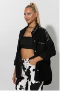 Jean oversized jacket με τρουκς και στρας λεπτομέρειες μαύρο 