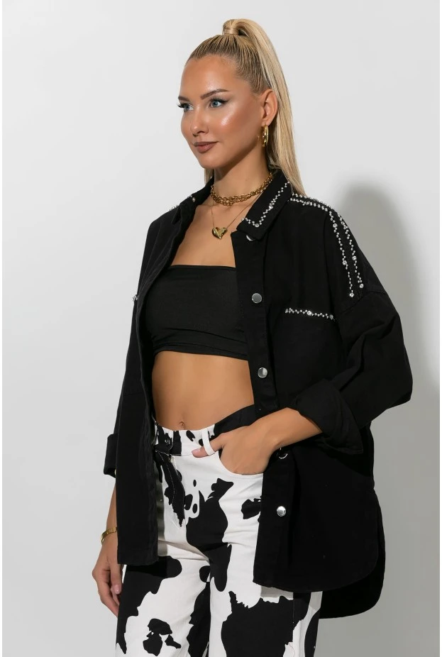 Jean oversized jacket με τρουκς και στρας λεπτομέρειες μαύρο 