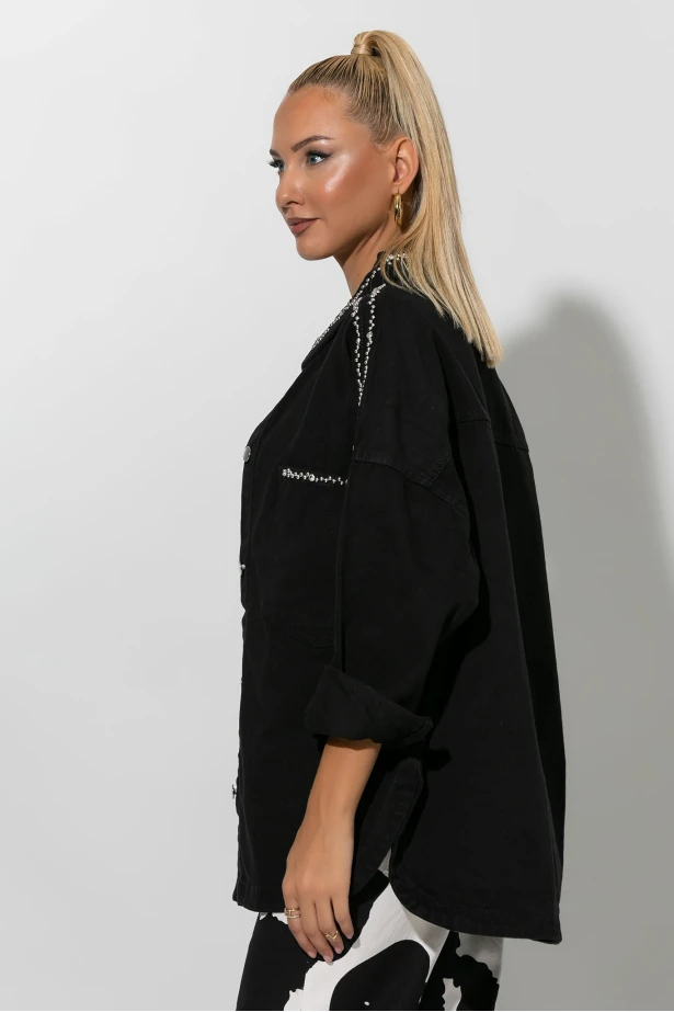 Jean oversized jacket με τρουκς και στρας λεπτομέρειες μαύρο 