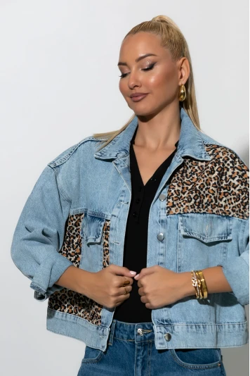 Jean jacket με λεοπάρ λεπτομέρειες μπλε