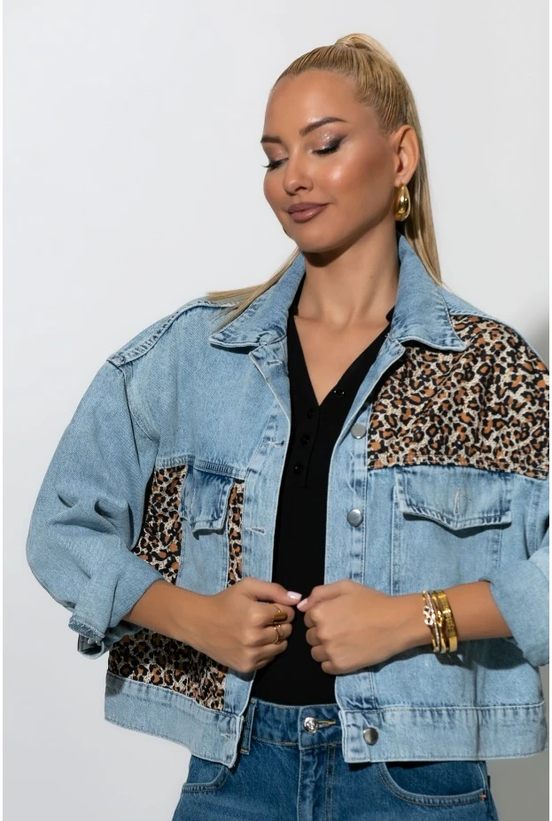 Jean jacket με λεοπάρ λεπτομέρειες μπλε