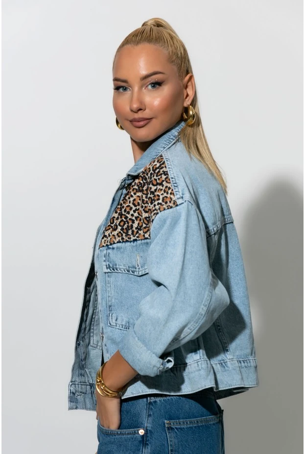 Jean jacket με λεοπάρ λεπτομέρειες μπλε