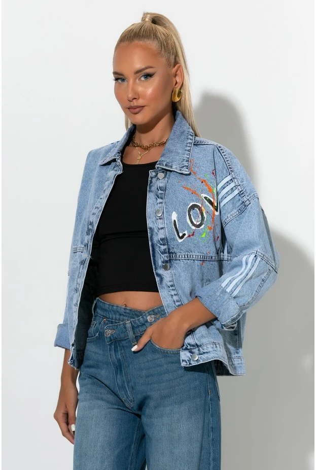 Jean jacket με ρίγες και στάμπα love is all i need μπλε