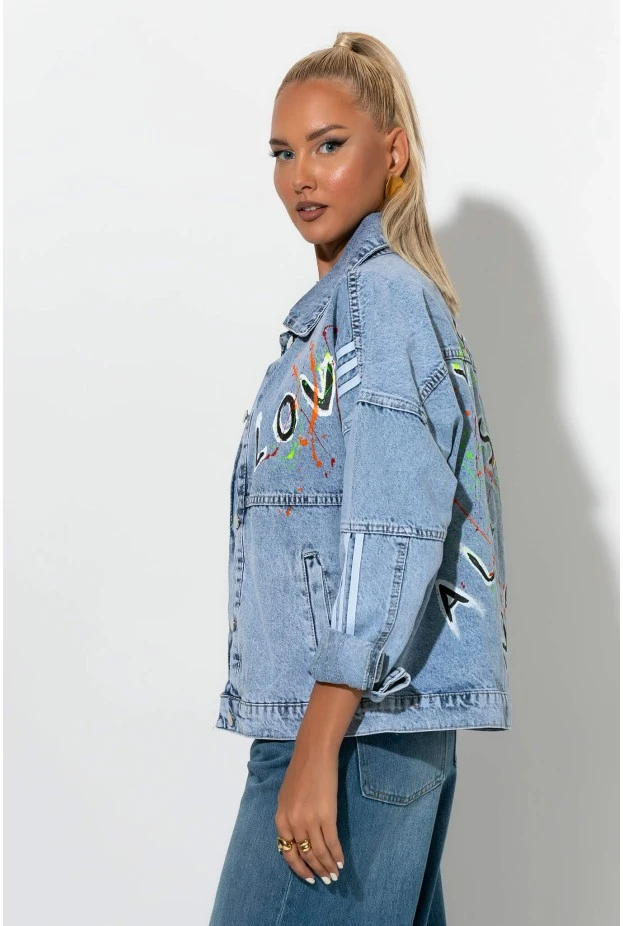 Jean jacket με ρίγες και στάμπα love is all i need μπλε