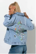 Jean jacket με ρίγες και στάμπα love is all i need μπλε 