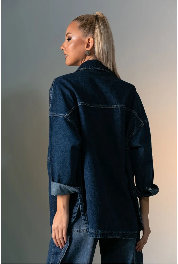 Oversized jean jacket με κουμπιά και τσέπες μπλε