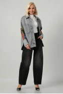 Jean jacket oversized με κεντητά λουλούδια γκρι