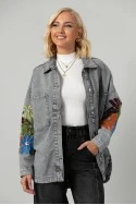 Jean jacket oversized με κεντητά λουλούδια γκρι