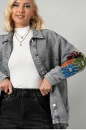 Jean jacket oversized με κεντητά λουλούδια γκρι
