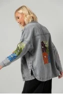 Jean jacket oversized με κεντητά λουλούδια γκρι