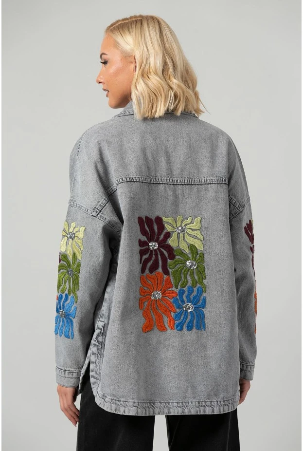 Jean jacket oversized με κεντητά λουλούδια γκρι