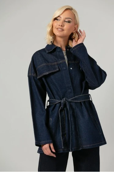 Jean jacket oversized με ζωνάκι μπλε ντένιμ