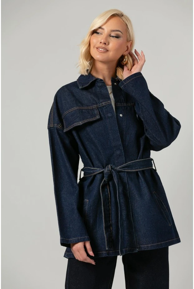 Jean jacket oversized με ζωνάκι μπλε ντένιμ