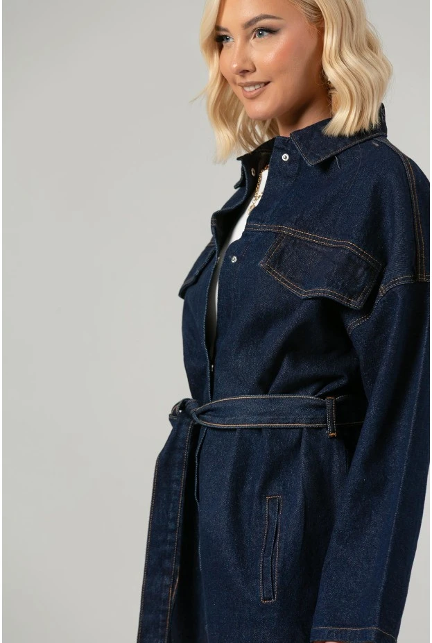 Jean jacket oversized με ζωνάκι μπλε ντένιμ