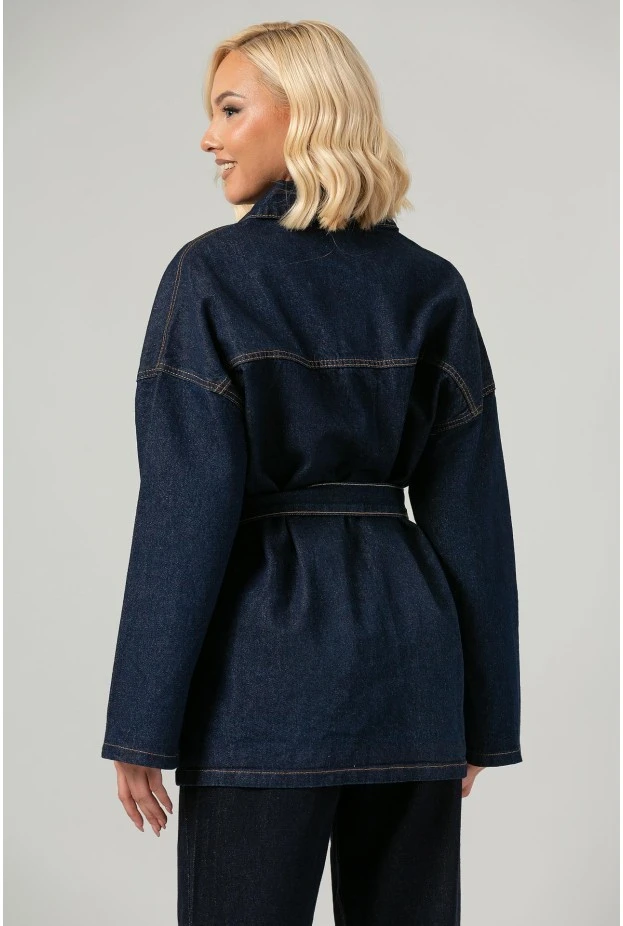 Jean jacket oversized με ζωνάκι μπλε ντένιμ