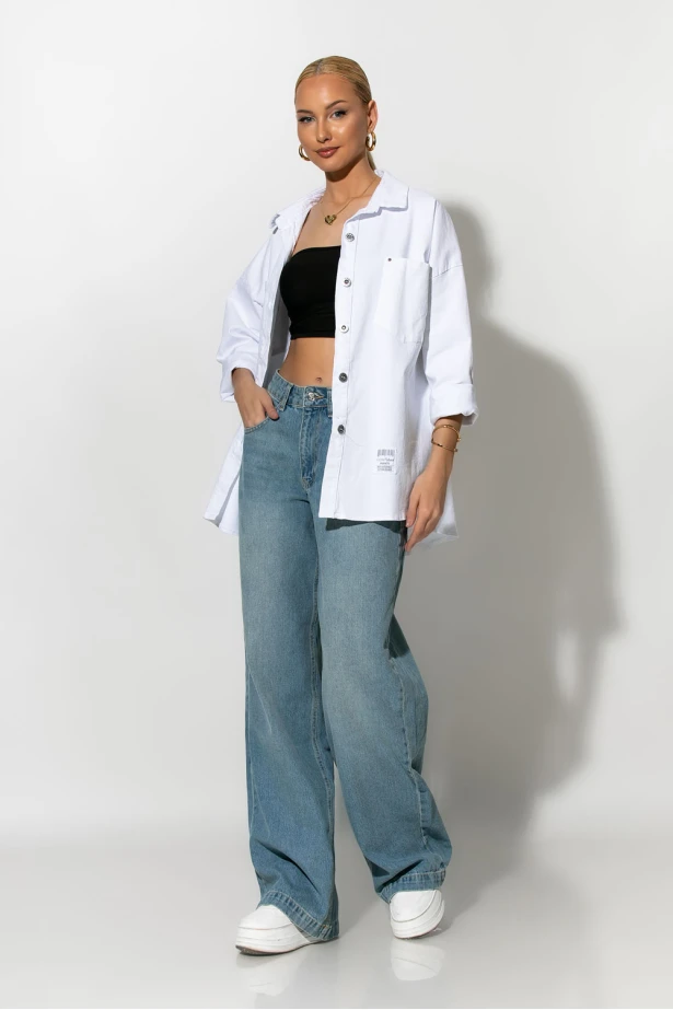 Oversized Jean jacket με τσέπες λευκό Oversized Jean jacket με τσέπες λευκό