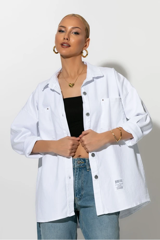 Oversized Jean jacket με τσέπες λευκό Oversized Jean jacket με τσέπες λευκό
