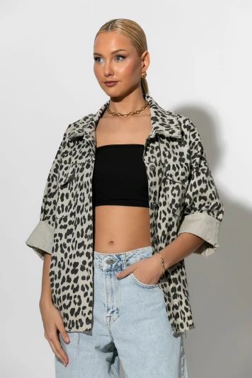 Jean jacket leopard print γκρι