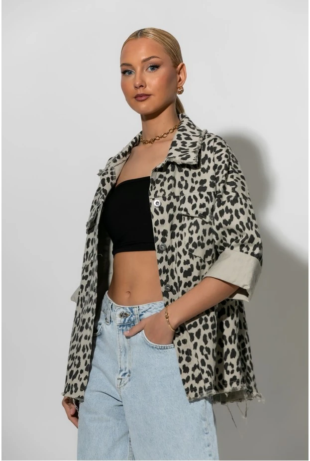 Jean jacket leopard print γκρι