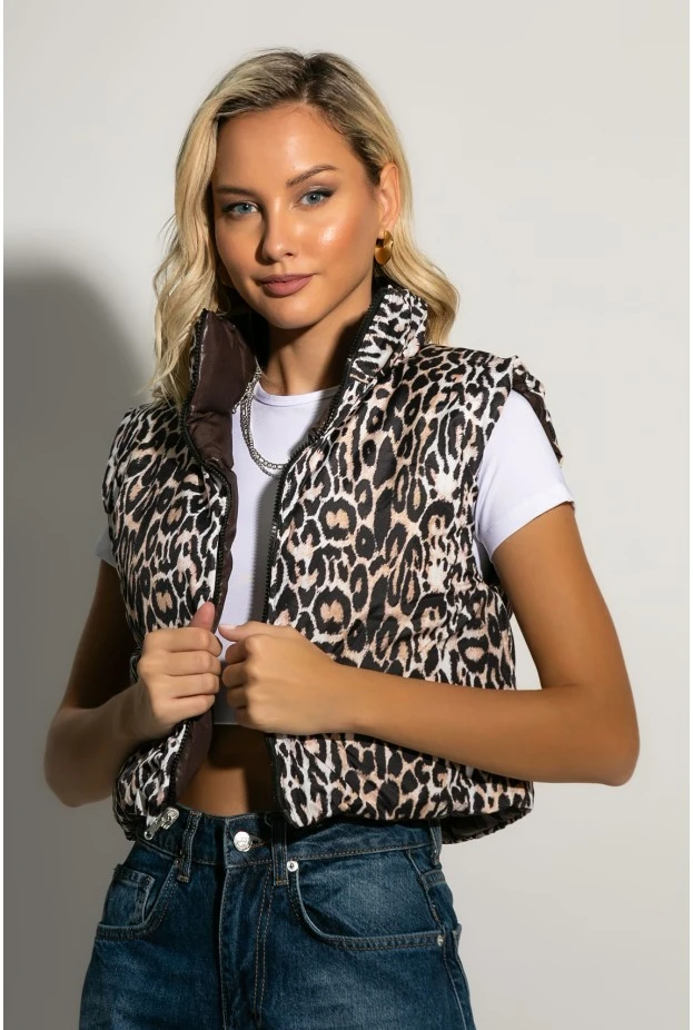 Puffer αμάνικο double face leopard print καφέ