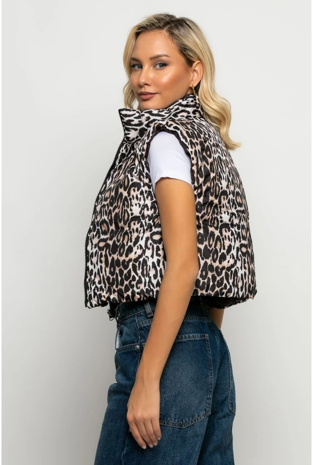 Puffer αμάνικο double face leopard print καφέ