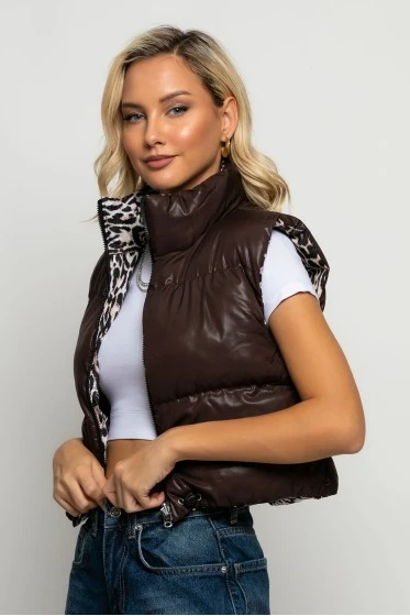 Puffer αμάνικο double face leopard print καφέ