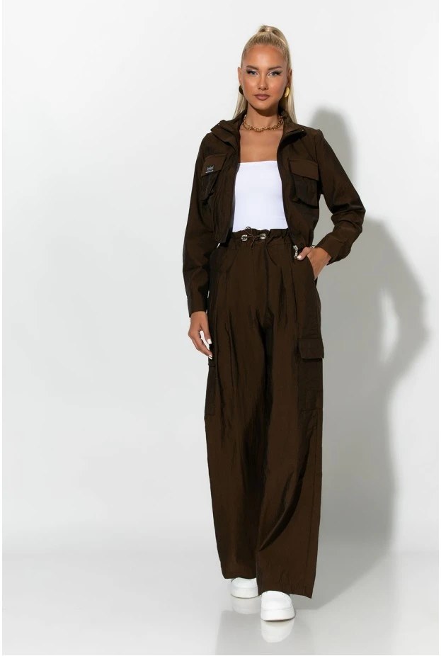 Σετ fly crop jacket και cargo παντελόνα καφέ