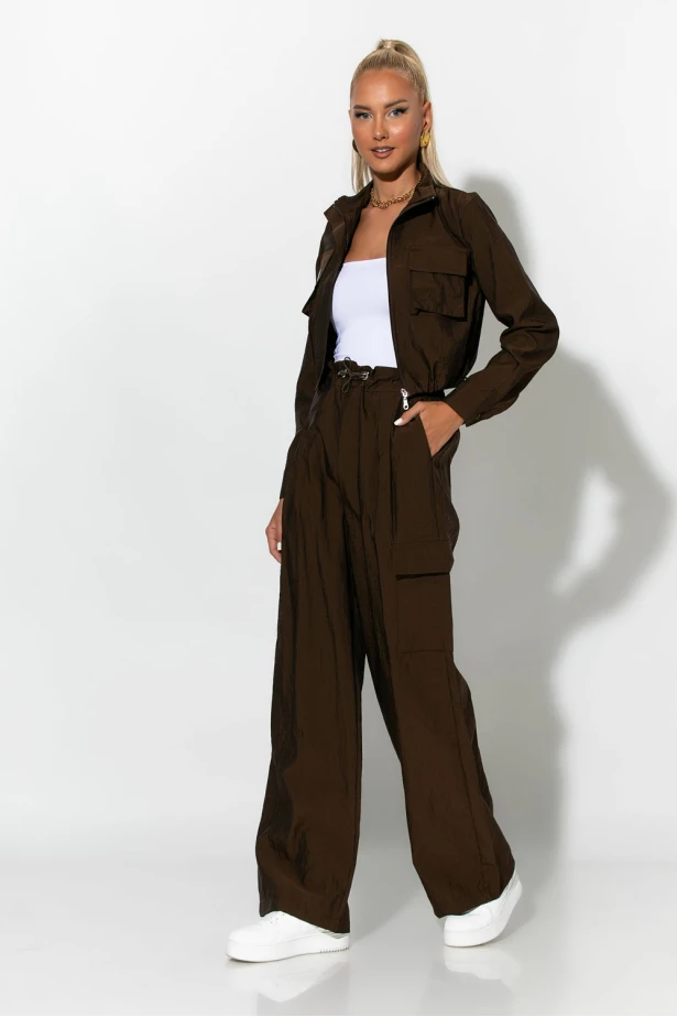 Σετ fly crop jacket και cargo παντελόνα καφέ