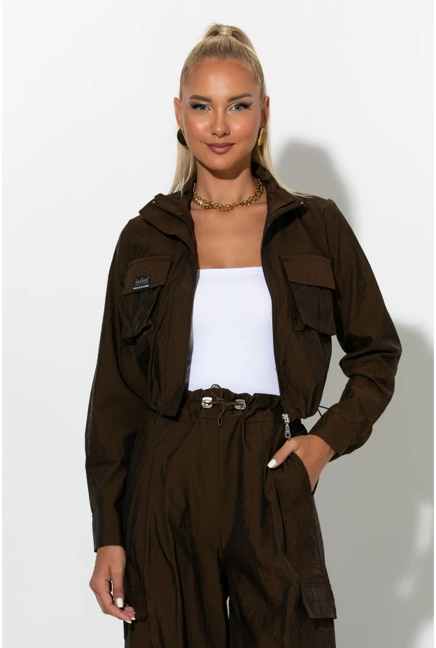 Σετ fly crop jacket και cargo παντελόνα καφέ