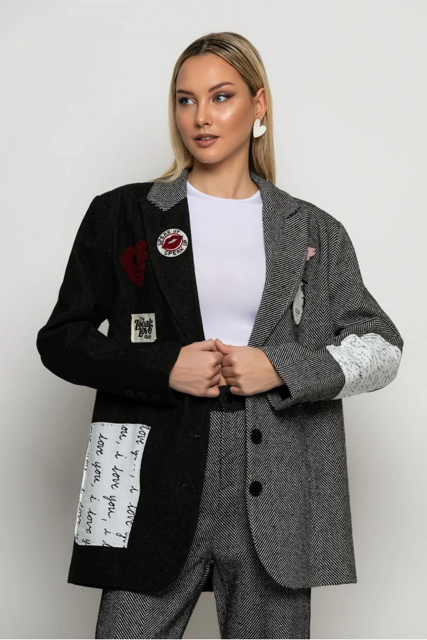 Blazer με mix υφών ψαροκόκκαλο και τζιν μαύρο