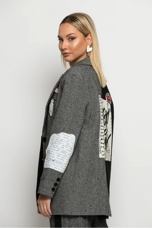 Blazer με mix υφών ψαροκόκκαλο και τζιν μαύρο