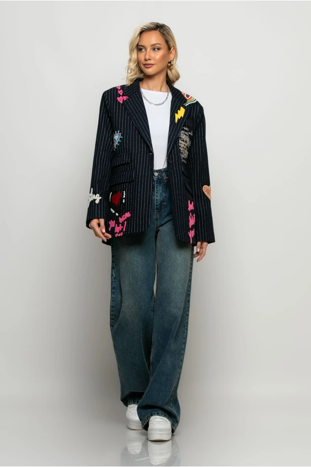 Blazer ριγέ με paches μπλε Blazer ριγέ με paches μπλε